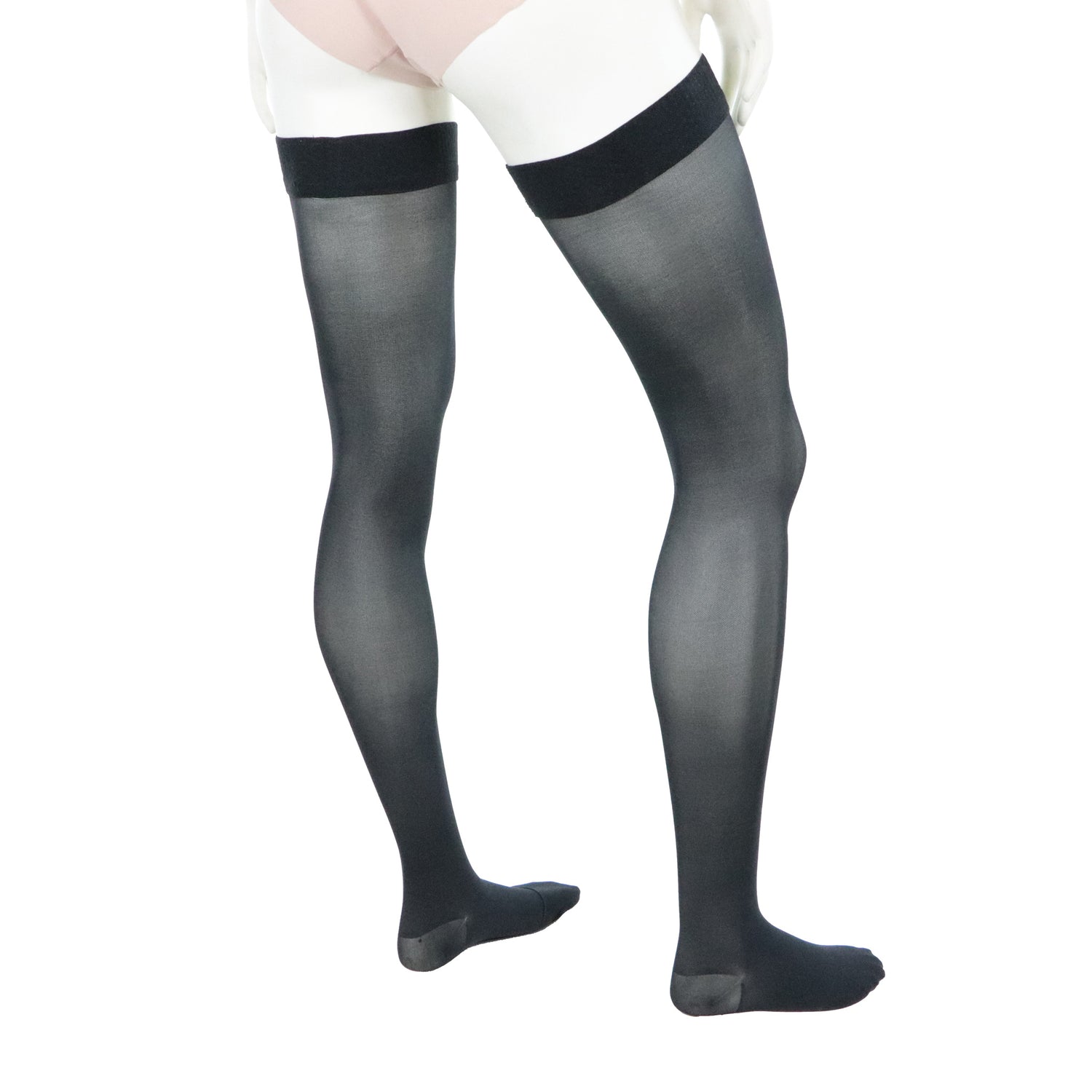 Female thigh high compression stockings 20 30 mmhg black Doctor Brace right rear view