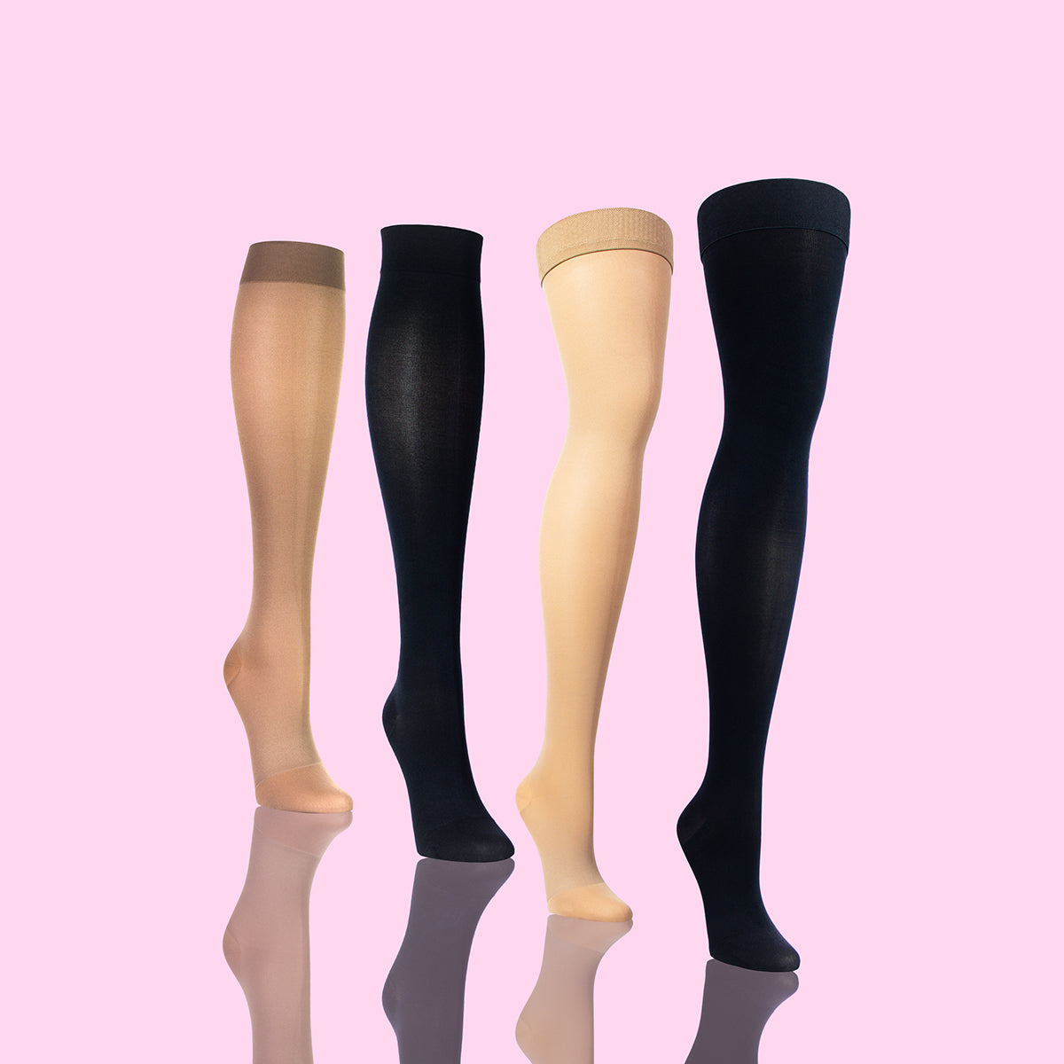 Women's Compression Socks With Image Showing All Colors And Styles: Black, Skin, Knee-High, Thigh-High - Cool Pink Background
