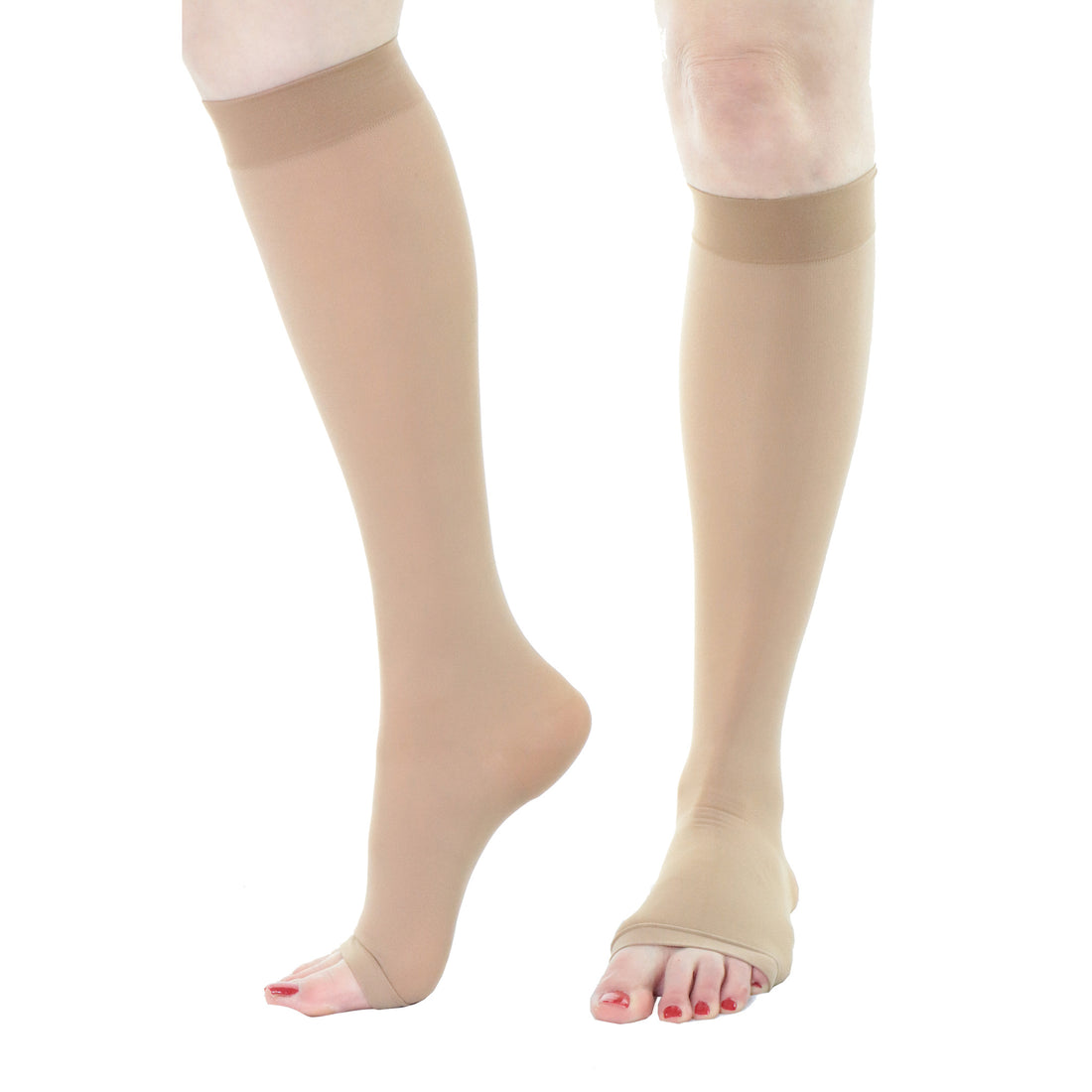 20-30 mmhg female open toe compression socks with knee high beige Doctor Brace side view