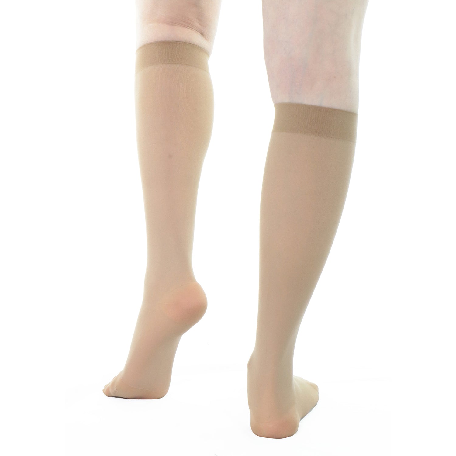 Calf compression socks for women by Doctor Brace in 20-30 mmHg beige sheer fabric rear view