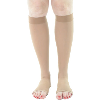Knee high open toe compression stockings for women 20 30 mmHg beige Doctor Brace front view